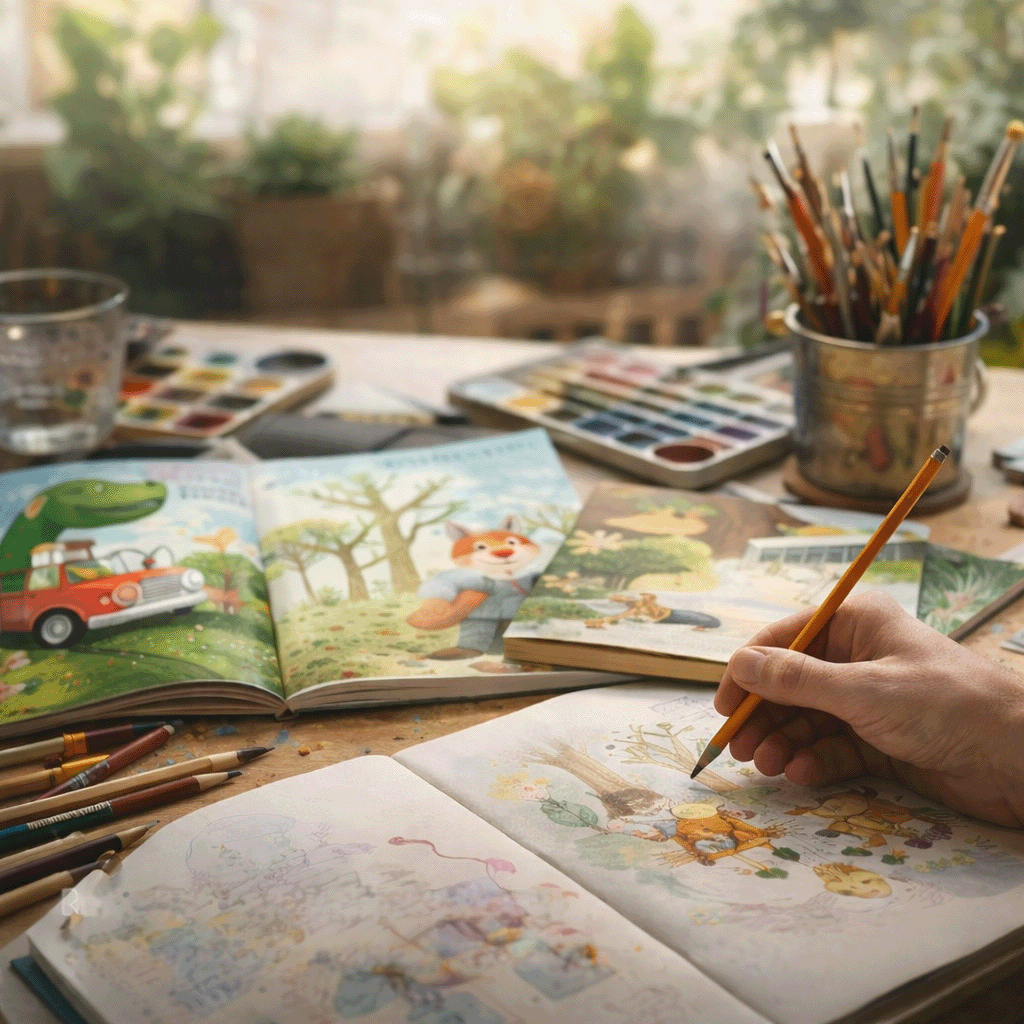 Children's book illustrator at work